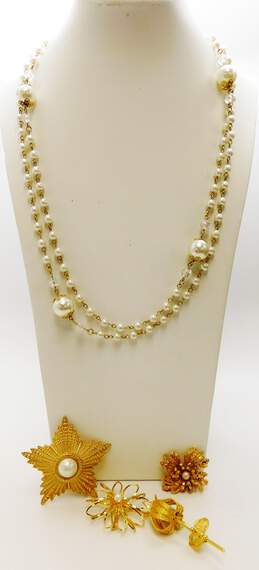 Vintage Faux Pearl Layering Necklace & Gold Tone Floral Brooches 89.1g