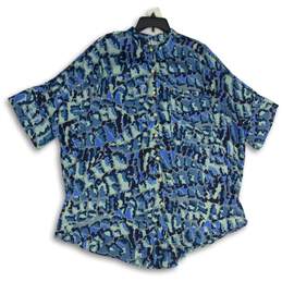 Womens Blue Printed Satin Short Sleeve Button Front Goddess Sleepshirt Size L