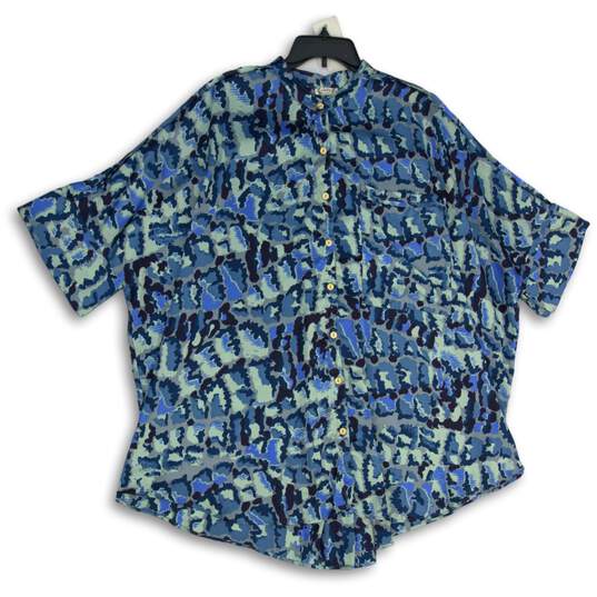 Womens Blue Printed Satin Short Sleeve Button Front Goddess Sleepshirt Size L image number 1
