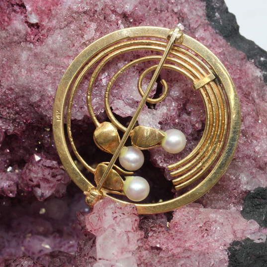 14K Yellow Gold Pearl Brooch - 6.4g image number 2