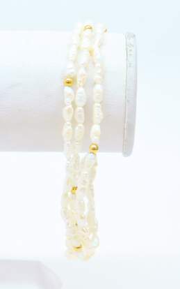 14K Gold Clasp & Ball & White Freshwater Pearl Beaded Multi Strand Bracelet 6.8g