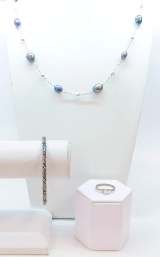 Romantic Sterling Silver Pearl Station Necklace & CZ Ring & Bangle Bracelet 63.2g image number 1