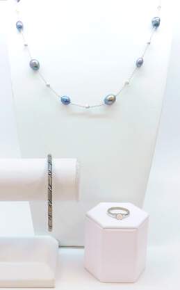 Romantic Sterling Silver Pearl Station Necklace & CZ Ring & Bangle Bracelet 63.2g