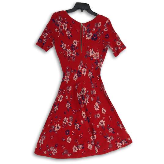 Milly Womens Red Floral Round Neck Short Sleeve Back Zip Fit & Flare Dress Sz P image number 2
