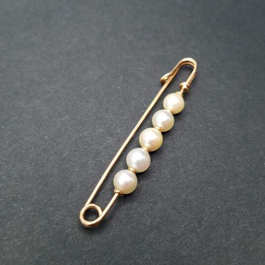 18K Gold FW Pearl Safety Pin /Brooch 3.4g image number 1
