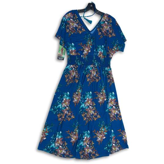 NWT Lildy Womens Blue Floral Smocked V-Neck Tassel Tie Back Maxi Dress Size L/XL image number 1