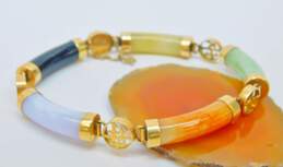 14K Gold Purple Green Orange & Yellow Jade & Onyx Curved Cylinder & Chinese Character Circles Linked Bracelet 22.3g