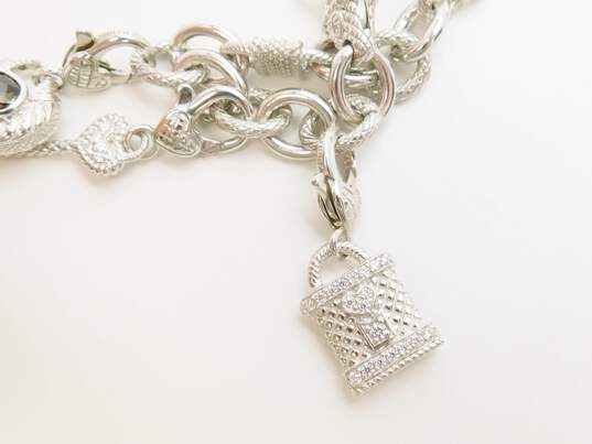 Judith Ripka Sterling Silver Smoky Quartz CZ Fleur De Lis Heart & Padlock Charm Bracelet 50.7g image number 4
