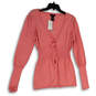 NWT Womens Pink V-Neck Long Sleeve Tight-Knit Cardigan Sweater Size Large image number 1
