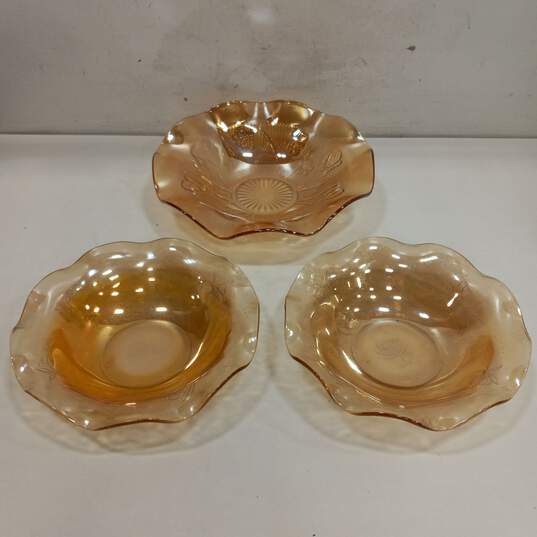 3 Vintage Carnival Glass Peach Scalloped Edge Leaf Design Bowls image number 1