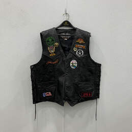 Mens Black Leather Patches Sleeveless Front Pockets Motorcycle Vest Size 2X