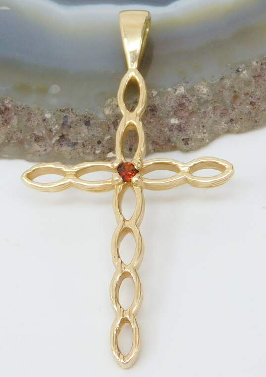 14K Yellow Gold Red CZ Cross Pendant 1.3g image number 3