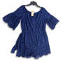NWT Womens Blue Eyelet Short Sleeve Waist Belted One-Piece Romper Size L image number 1