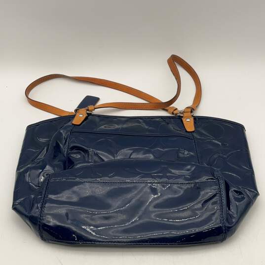 Coach Womens Blue Shiny Double Handle Outer Pocket Logo Charm Tote Handbag image number 3