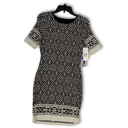 NWT Womens Black Geometric Short Sleeve Knee Length Sweater Dress Size S