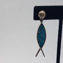 Mexico TS-94 Sterling Silver Turquoise Chip Inlay Fish Dangle Earring 11.1g alternative image
