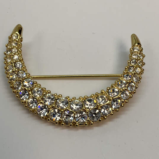 Designer Swarovski Gold-Tone Crystal Cut Stone Swan Half-Moon Brooch Pin image number 3