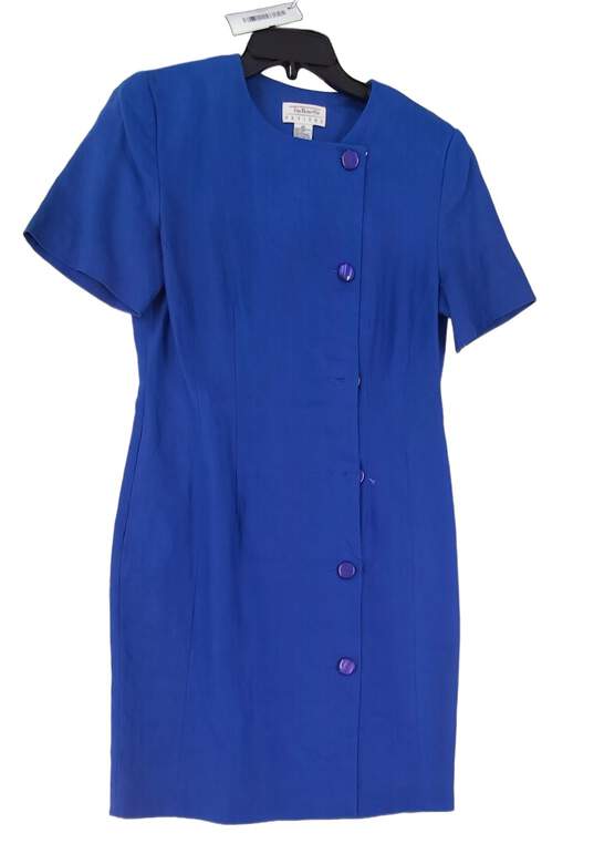 Womens Blue Round Neck Short Sleeve Button Front Sheath Dress Size 8P image number 1