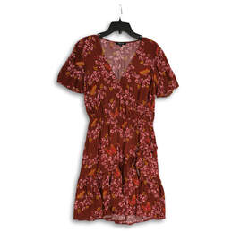 Womens Red Pink Floral Pleated Surplice Neck Short Sleeve A-Line Dress Sz 4