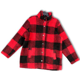 Womens Red Black Plaid Mock Neck Button Front Sherpa Jacket Size X-Large