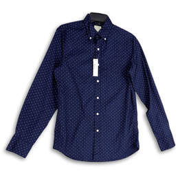 NWT Mens Blue White Polka Dot Collared Long Sleeve Button-Up Shirt Size S