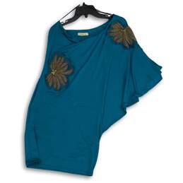 Arden B. Womens Blue Copper Floral One Shoulder Pullover Blouse Top Size Medium