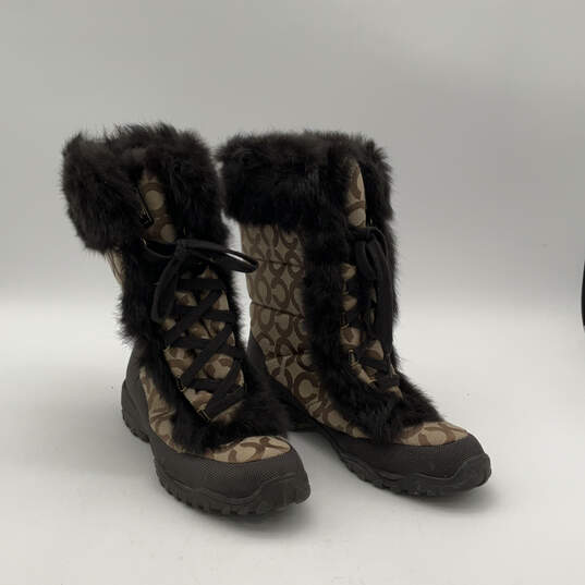 Womens Jennie Q522 Brown Tan Monogram Fur Trim Lace-Up Snow Boots Size 9 B image number 2