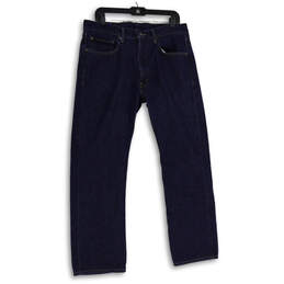 Mens Blue Dark Wash Denim 5-Pockets Design Straight Leg Jeans Size 35x30