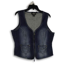 Womens Blue Sleeveless Rhinestone Flap Pocket Full-Zip Vest Size XL