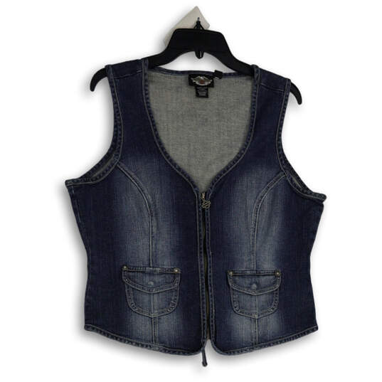 Womens Blue Sleeveless Rhinestone Flap Pocket Full-Zip Vest Size XL image number 1