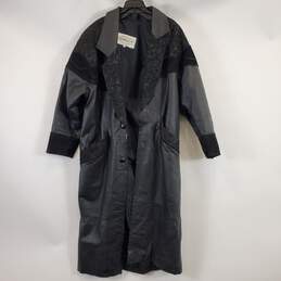 Winlit Women Black Vintage Leather Trench Coat L