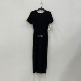NWT Womens Black Short Sleeve Belted Front Slit Back Zip Maxi Dress Size 8