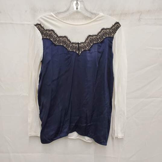 Sandro Paris WM's White & Blue Satin Lace Blouse Size SM image number 1