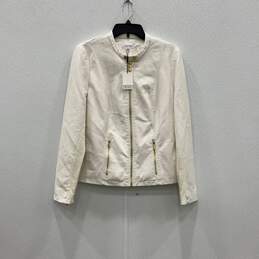 NWT Calvin Klein Womens White Leather Long Sleeve Full Zip Jacket Size Large