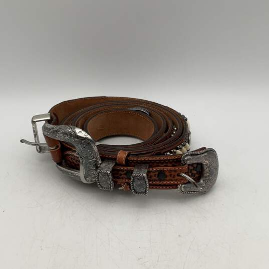 Pair Of 2 Womens Brown Leather Beaded Adjustable Waist Belt With Silver Buckle image number 5