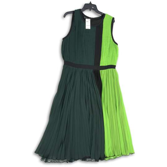 Alfani Womens Green Black Pleated Round Neck Back Zip Fit & Flare Dress Size 16 image number 1