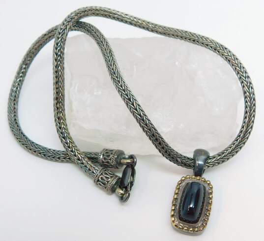 Romantic Jonah Grossbardt 925 Sterling Silver & 18K Yellow Gold Onyx Pendant on Foxtail Chain Necklace 39.6g image number 4