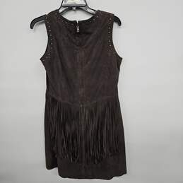 Brown V Neck Sleeveless Fringe Leather Dress alternative image