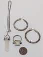 Artisan 925 Rose Quartz Point Pendant Necklace Chunky Tube Hoop Earrings & Square Spinner Ring 23.5g image number 2