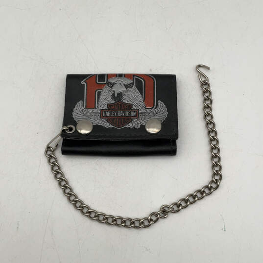 Mens Black Leather Detachable Chain Card Holder Snap Tri-Fold Wallet image number 1
