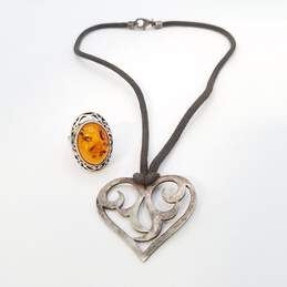 Sterling Silver Amber Link Cloth Sz 5.5 Ring Open Heart Pendant 14in Choker 15.5g