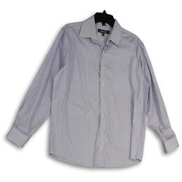 Mens White Blue Striped Long Sleeve Collared Dress Shirt Size 15.5 32/33