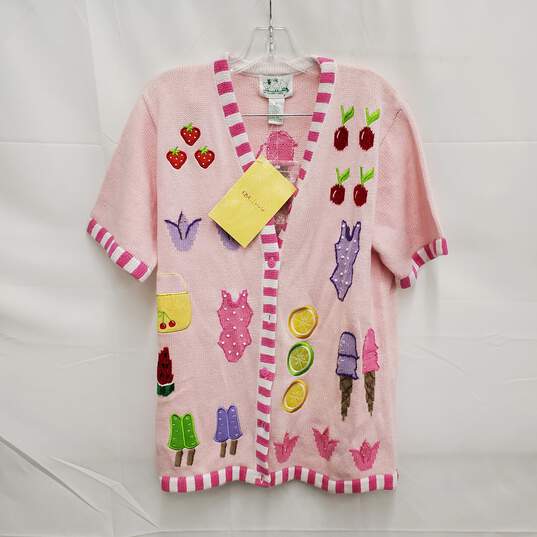 NWT VTG Quacker Factory WM's Pink Embroidered Summertime Short Sleeve Cardigan Size M image number 1
