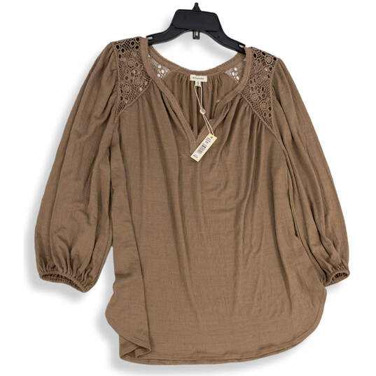NWT Womens Brown Split Neck 3/4 Sleeve Pullover Blouse Top Size 1X image number 1