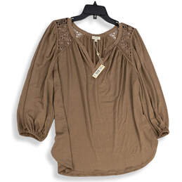 NWT Womens Brown Split Neck 3/4 Sleeve Pullover Blouse Top Size 1X