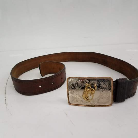 Leather Belt Western Style Buckle 38 Inch image number 1