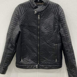Womens Black Leather Long Sleeve Pockets Full-Zip Motorcycle Jacket Size L