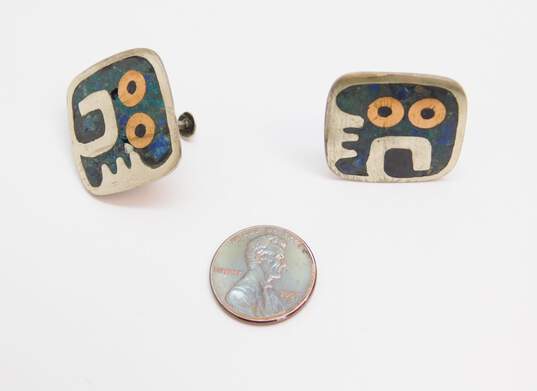 Vintage Taxco Mexico 925 & Copper Accent Modernist Crushed Chrysocolla Inlay Brushed Square Screw Back Earrings 13.3g image number 3