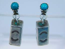 Artisan 925 Southwestern Turquoise Cabochon & Stamped Rectangle Cube Drop Post Earrings 6.1g alternative image