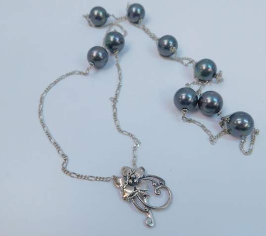 Romantic 925 Dark Grey Faux Pearls Station Beaded Figaro Chain Toggle Necklace & Matching Drop Earrings Set 62.5g image number 7